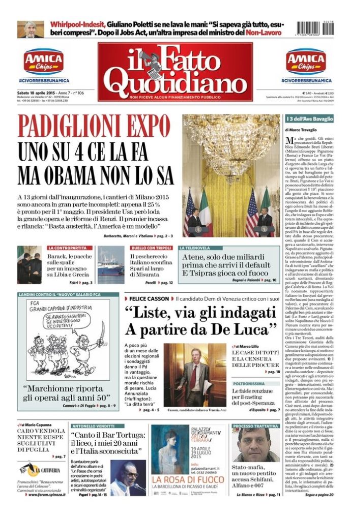 Copertina di sabato 18 aprile 2015