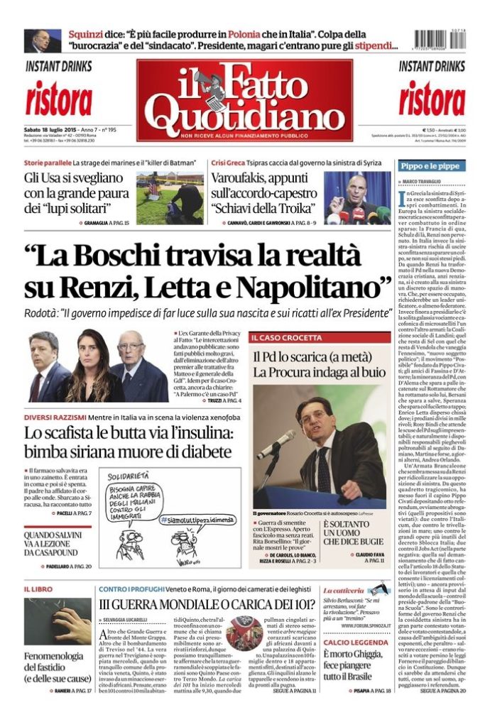 Copertina di sabato 18 luglio 2015