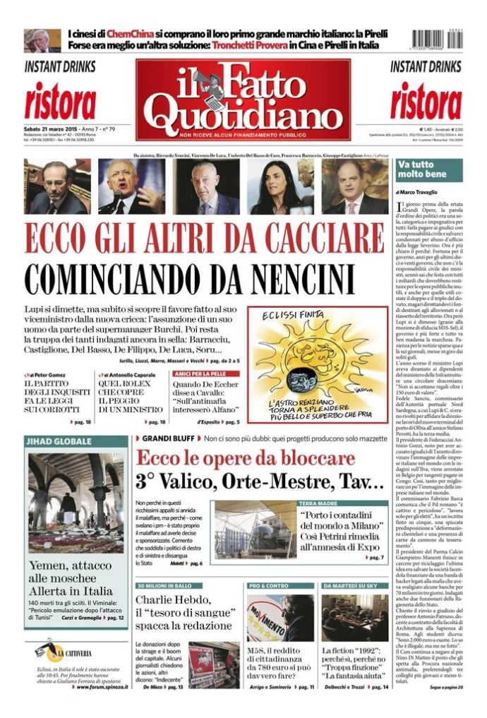 Copertina di sabato 21 marzo 2015