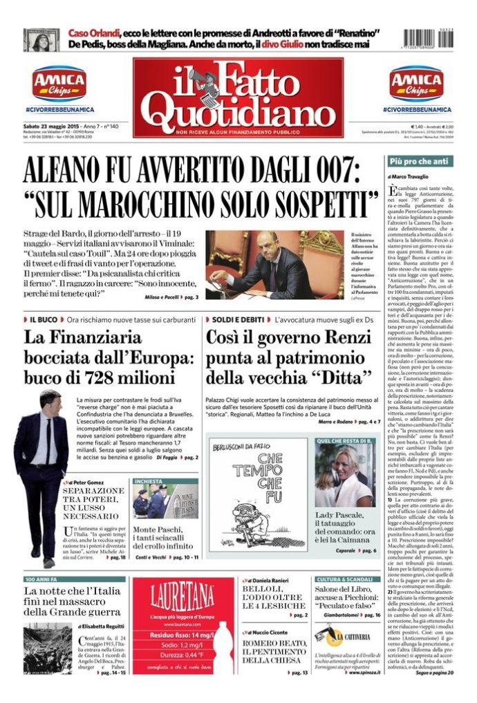 Copertina di sabato 23 maggio 2015