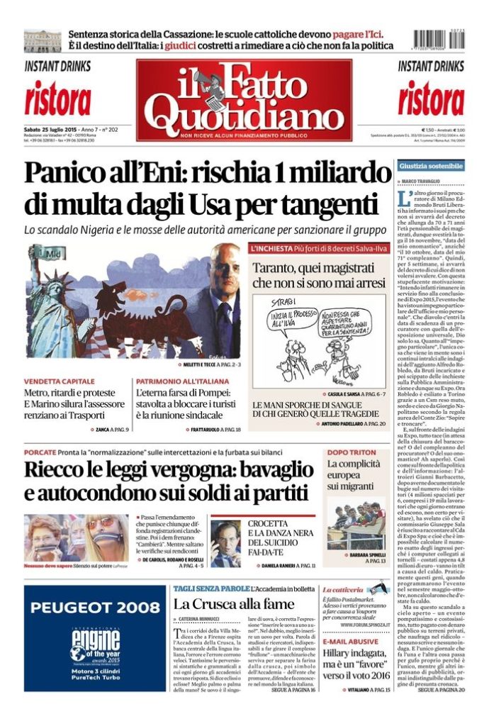 Copertina di sabato 25 luglio 2015