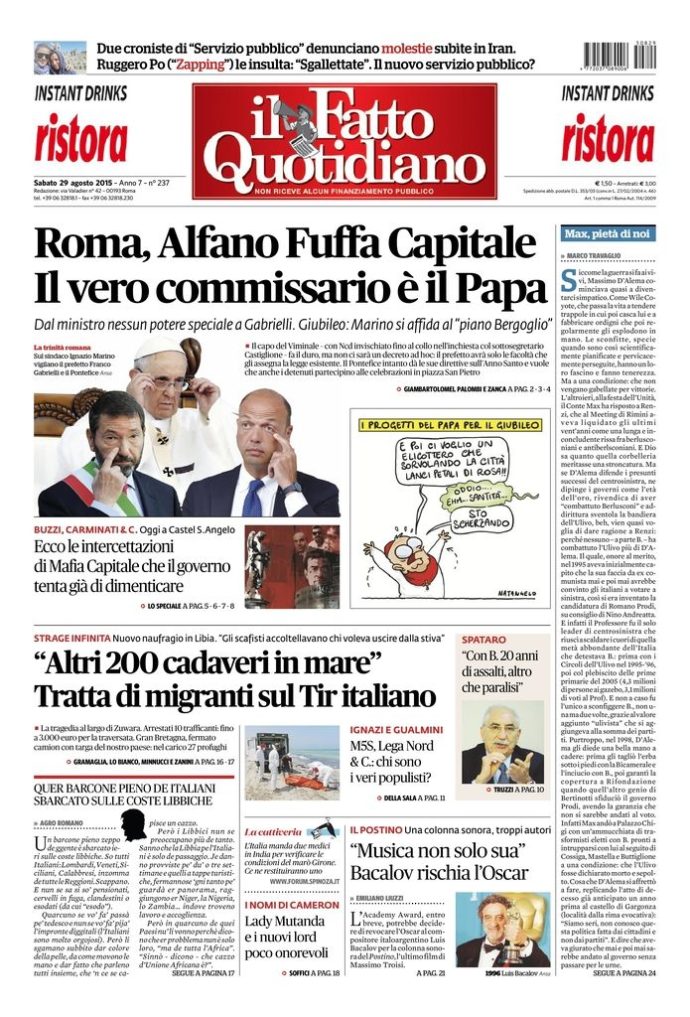 Copertina di sabato 29 agosto 2015