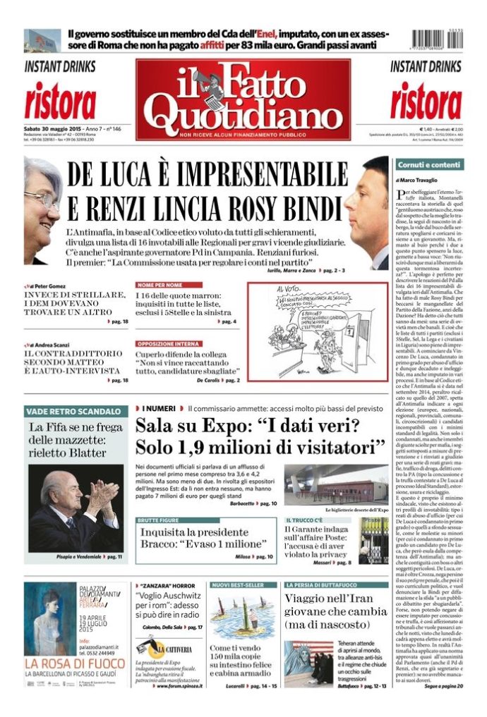 Copertina di sabato 30 maggio 2015