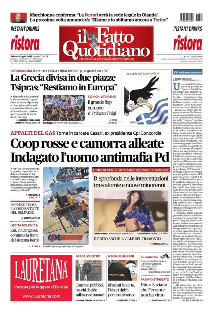 Copertina di sabato 4 luglio 2015