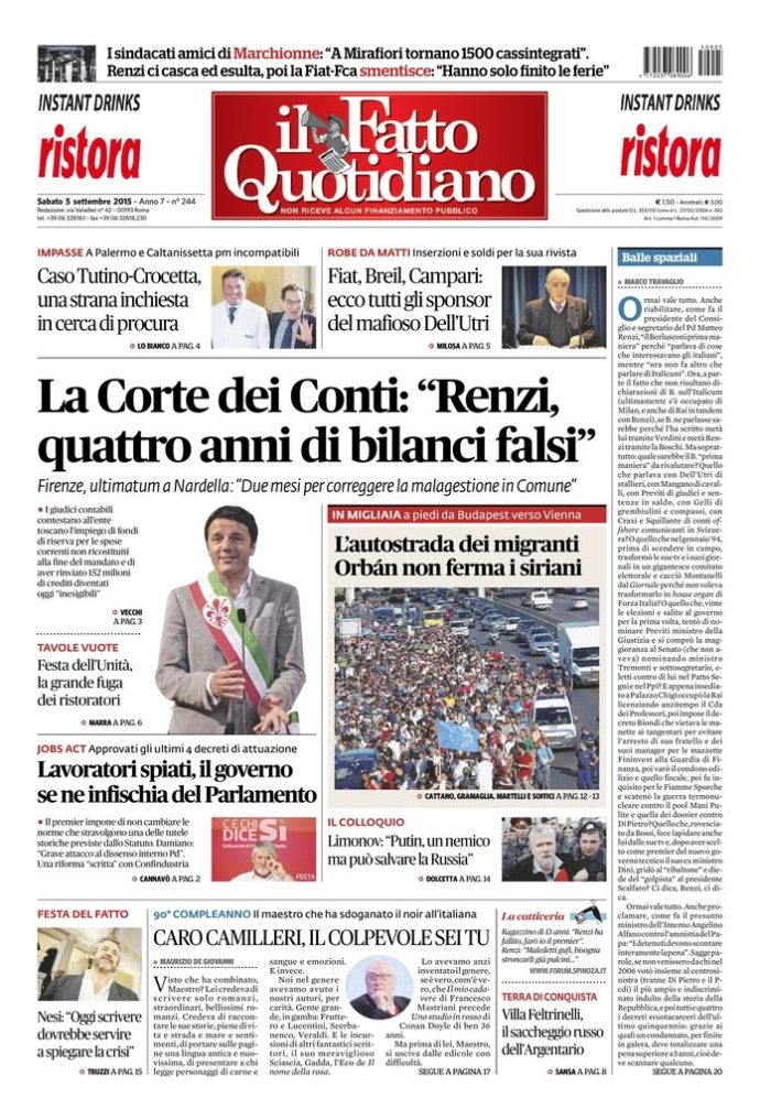 Copertina di sabato 5 settembre 2015