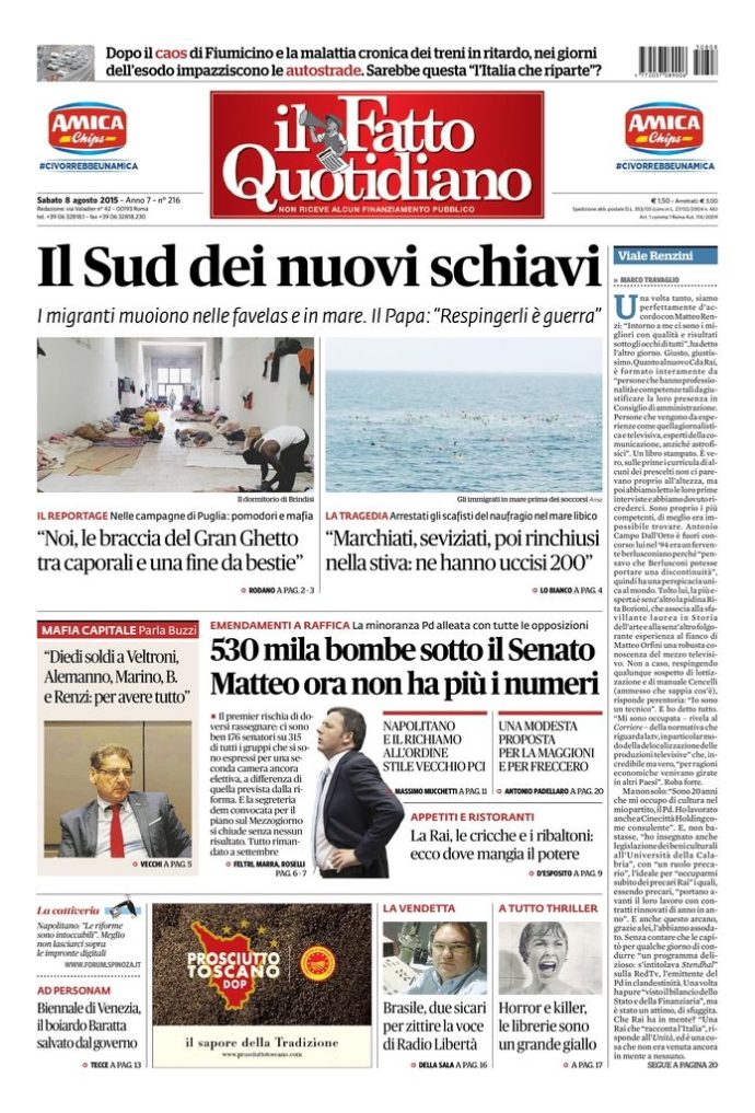 Copertina di sabato 8 agosto 2015