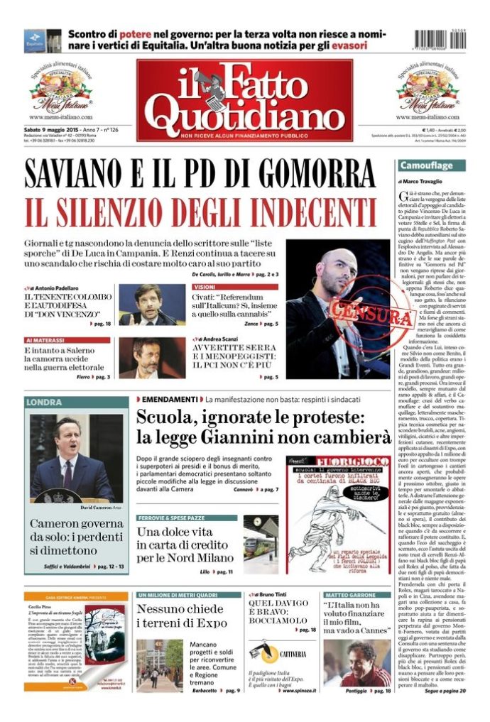 Copertina di sabato 9 maggio 2015