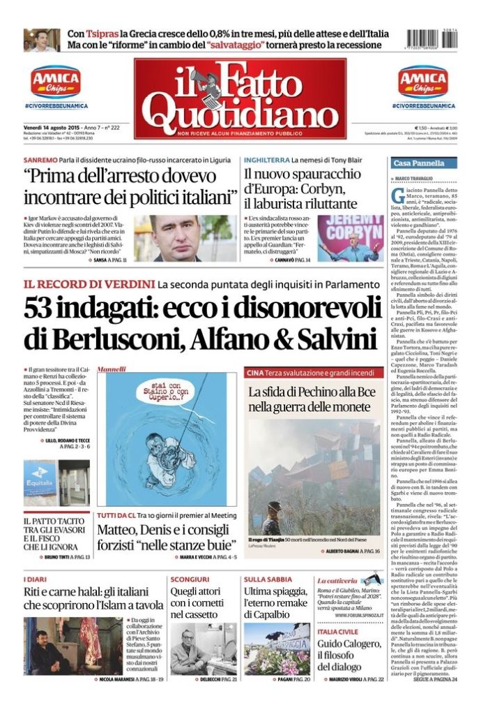 Copertina di venerdì 14 agosto 2015