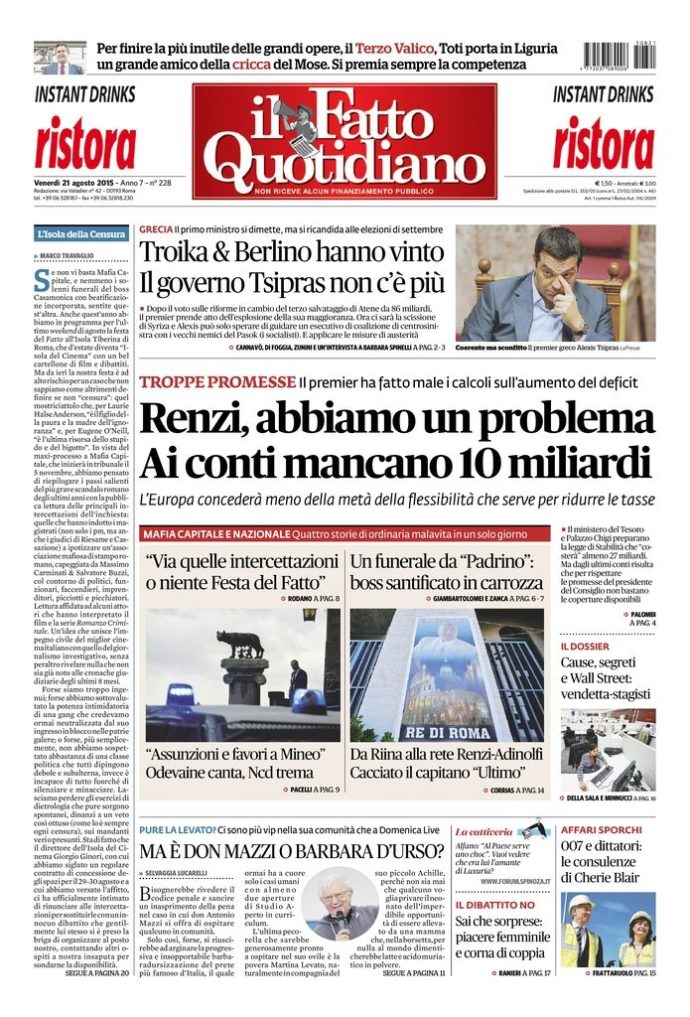 Copertina di venerdì 21 agosto 2015