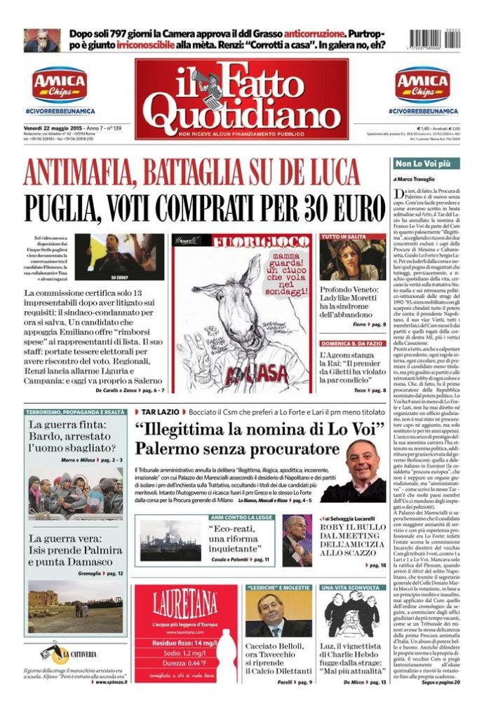 Copertina di venerdì 22 maggio 2015