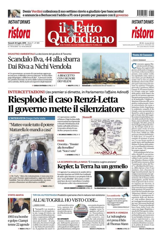 Copertina di venerdì 24 luglio 2015