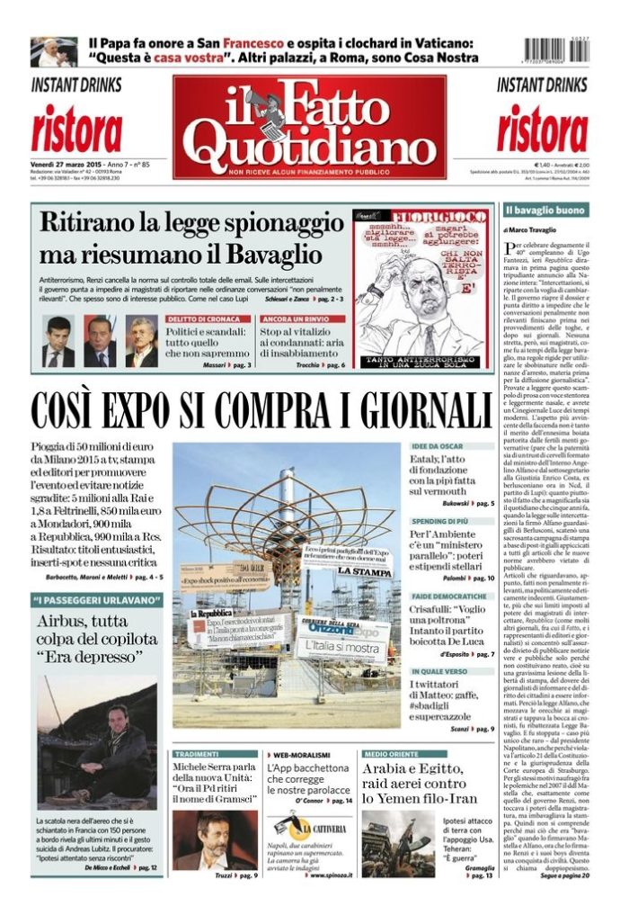 Copertina di venerdì 27 marzo 2015