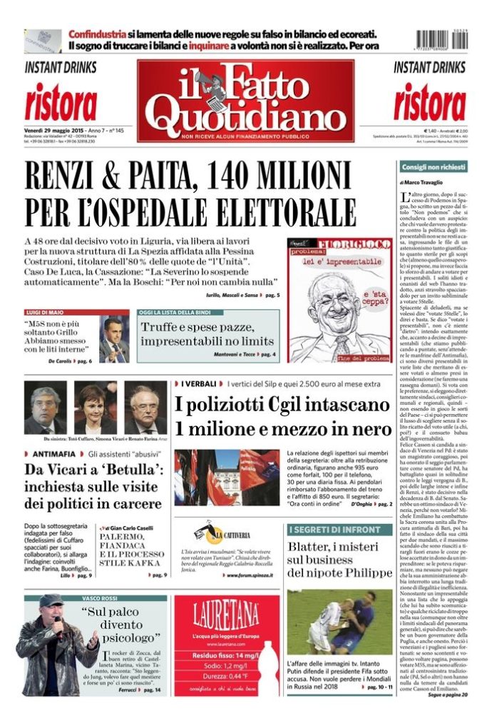 Copertina di venerdì 29 maggio 2015