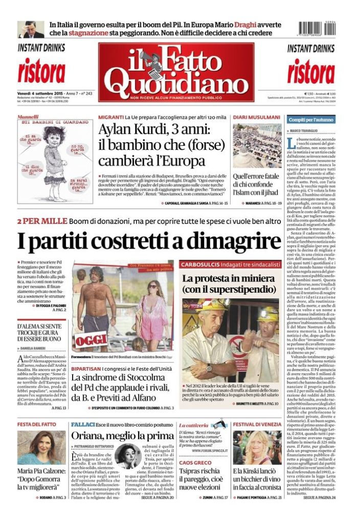 Copertina di venerdì 4 settembre 2015