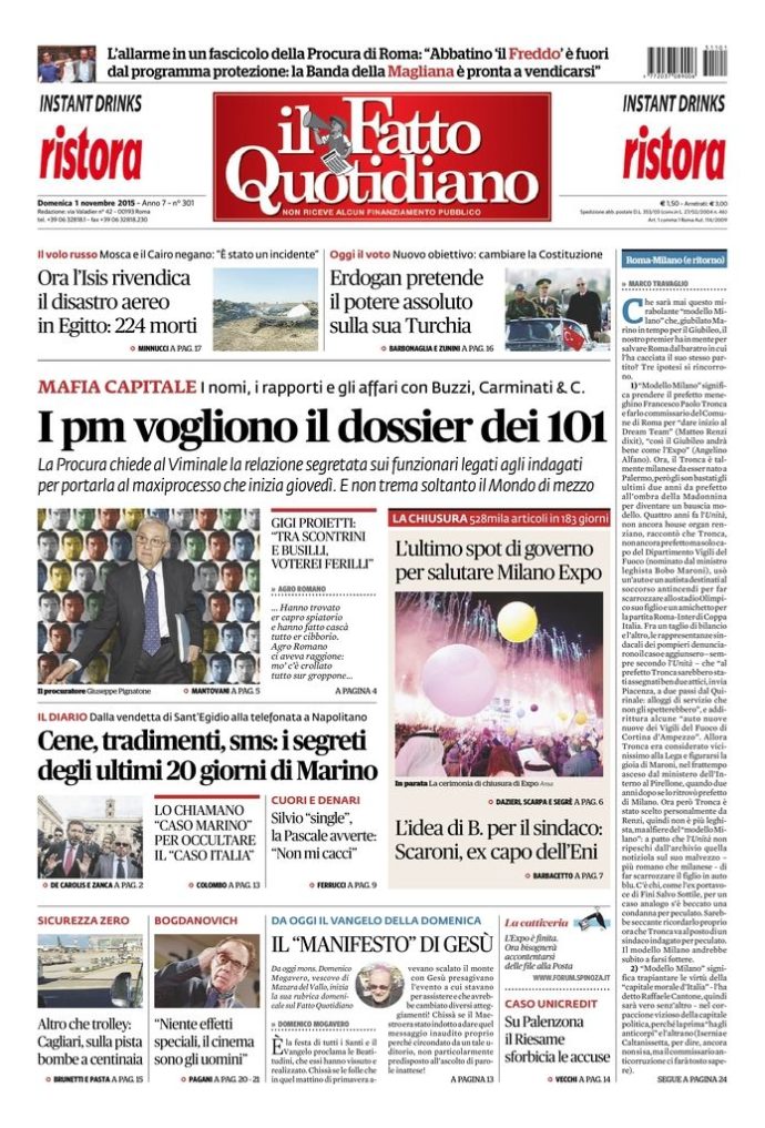 Copertina di domenica 1 novembre 2015