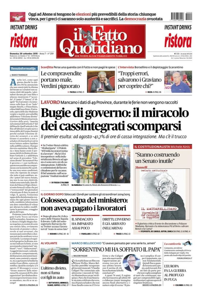 Copertina di domenica 20 settembre 2015