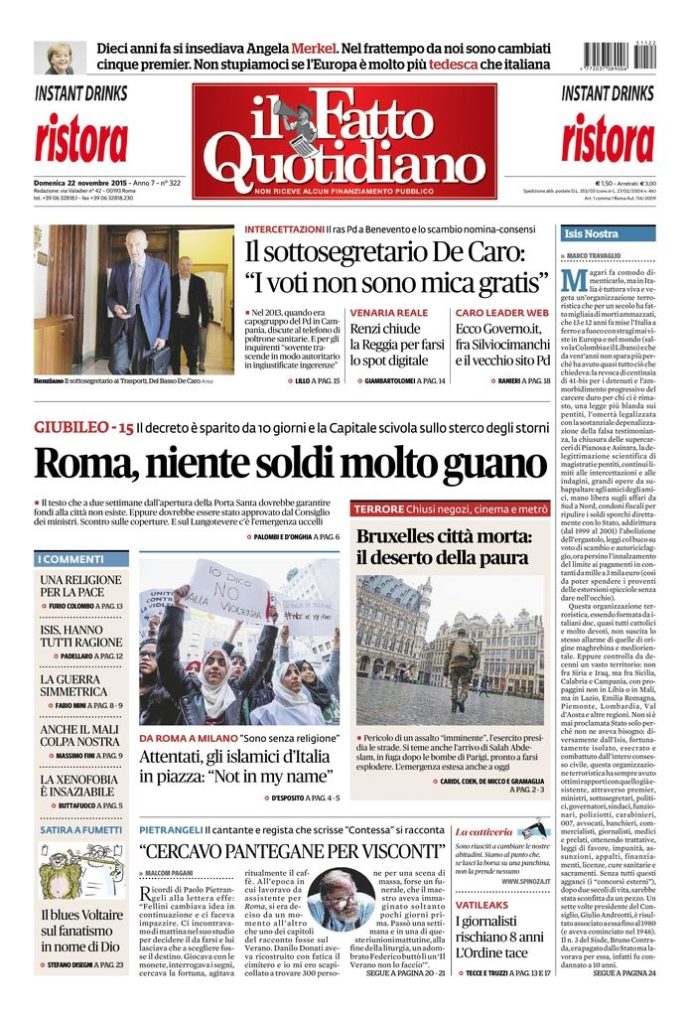 Copertina di domenica 22 novembre 2015