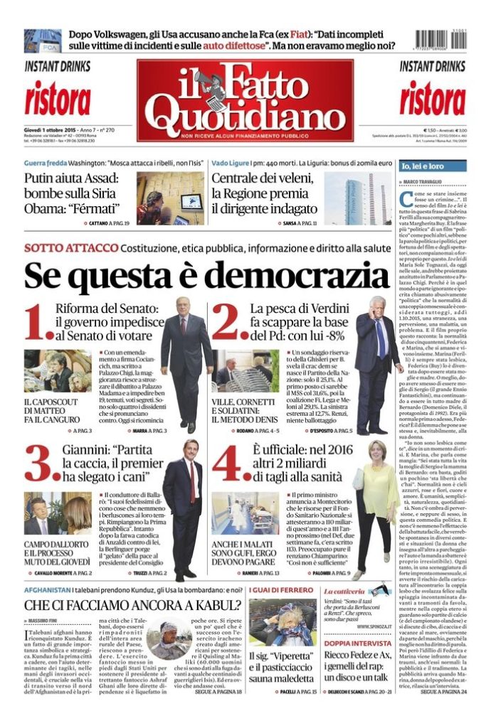 Copertina di giovedì 1 ottobre 2015