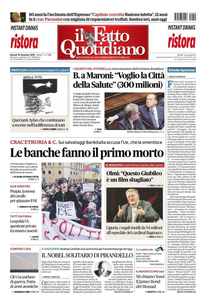 Copertina di giovedì 10 dicembre 2015