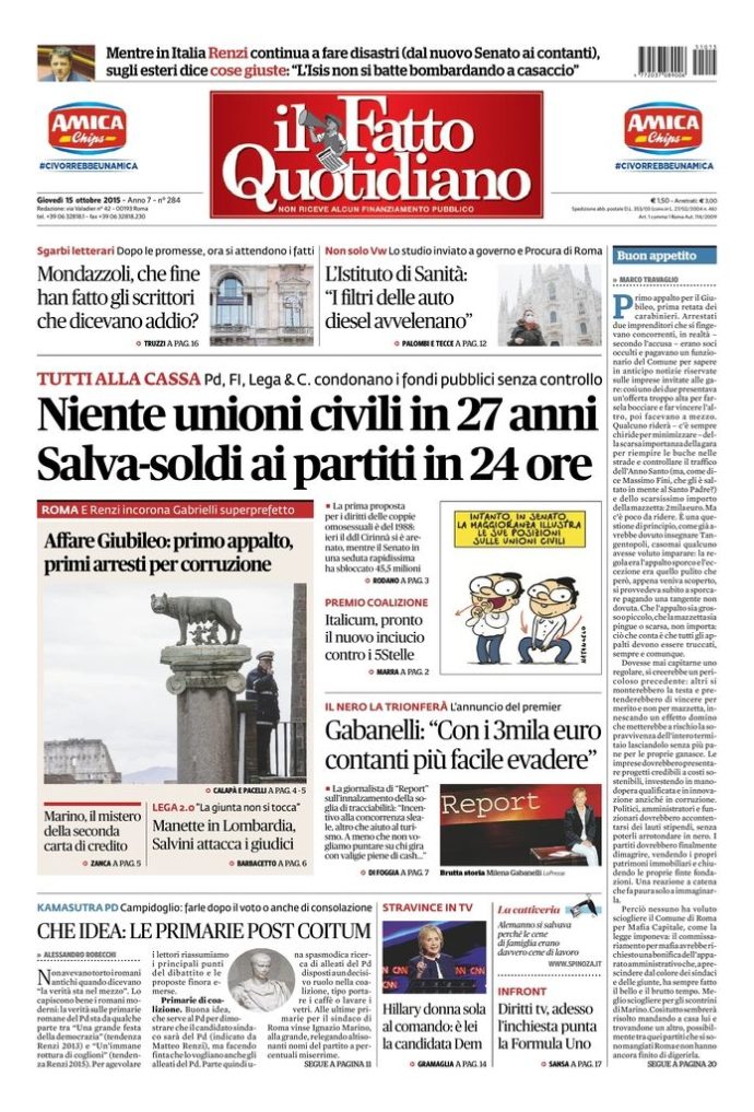 Copertina di giovedì 15 ottobre 2015