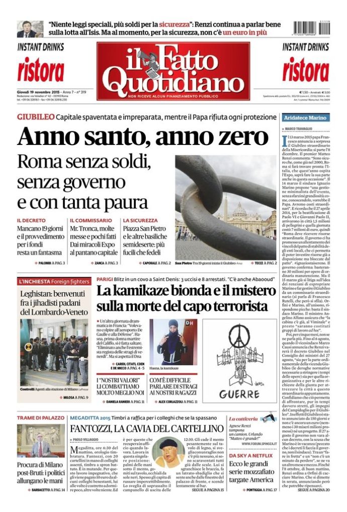 Copertina di giovedì 19 novembre 2015