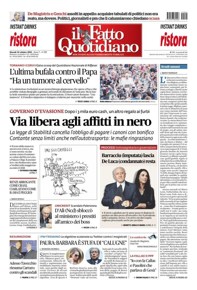 Copertina di giovedì 22 ottobre 2015