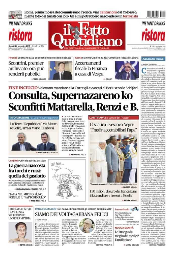 Copertina di giovedì 26 novembre 2015