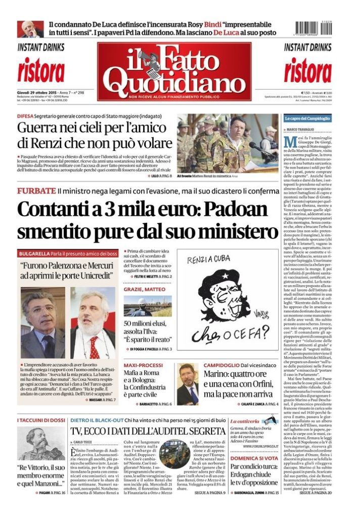 Copertina di giovedì 29 ottobre 2015