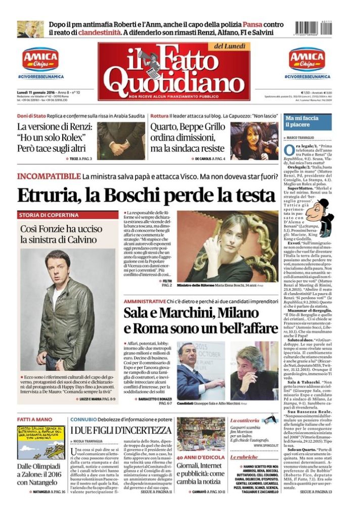 Copertina di lunedì 11 gennaio 2016