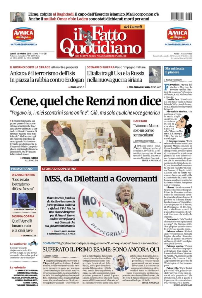 Copertina di lunedì 12 ottobre 2015