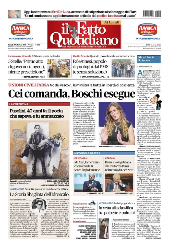 Copertina di lunedì 19 ottobre 2015