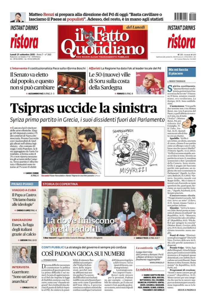 Copertina di lunedì 21 settembre 2015