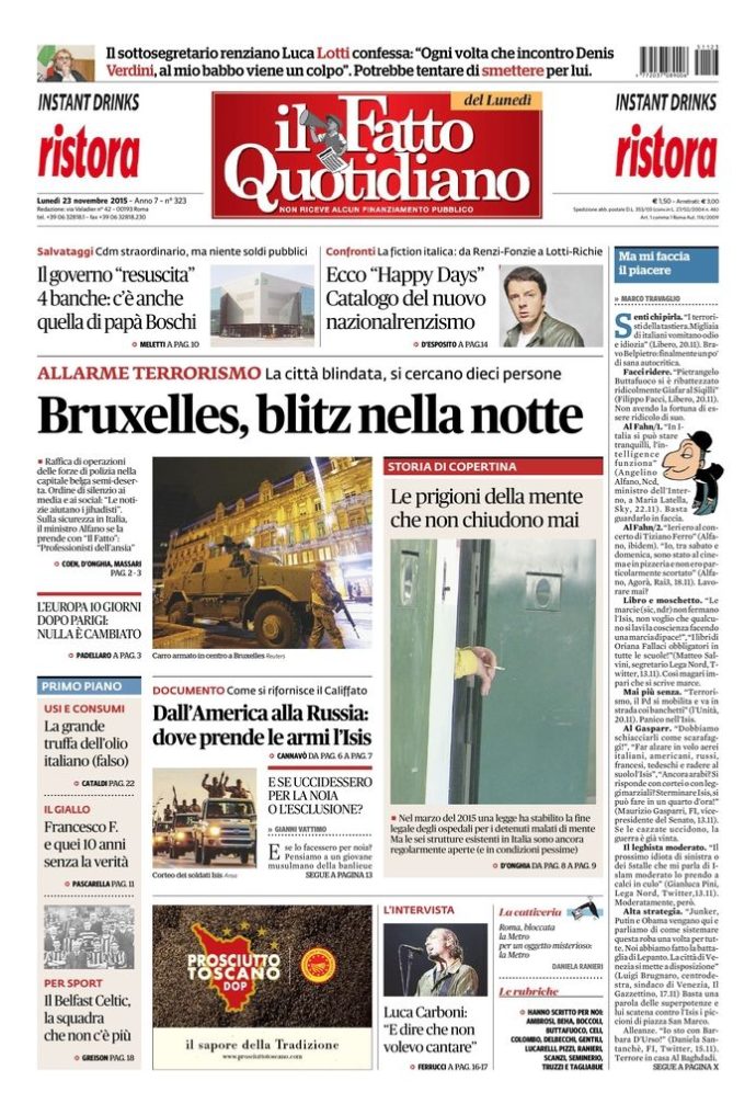 Copertina di lunedì 23 novembre 2015