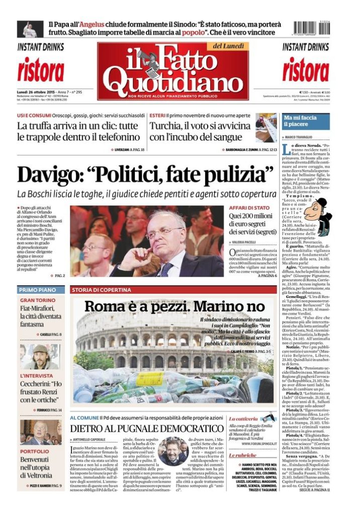 Copertina di lunedì 26 ottobre 2015