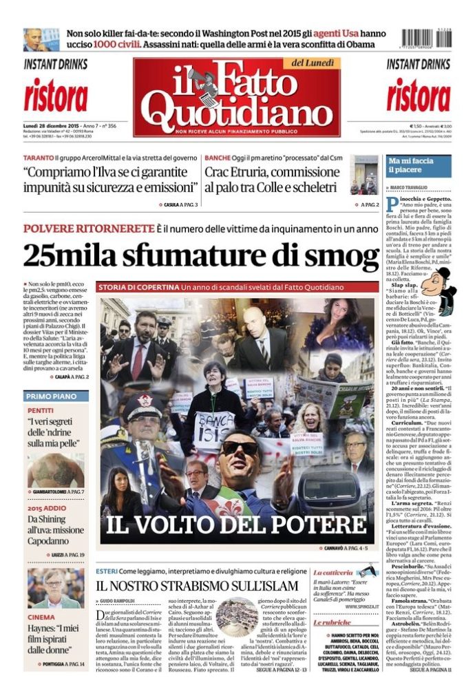 Copertina di lunedì 28 dicembre 2015