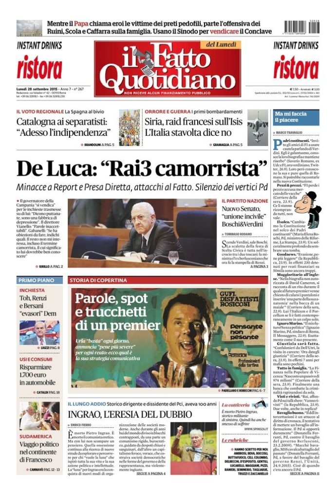 Copertina di lunedì 28 settembre 2015