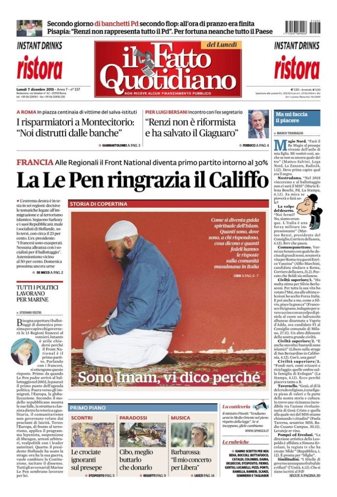 Copertina di lunedì 7 dicembre 2015