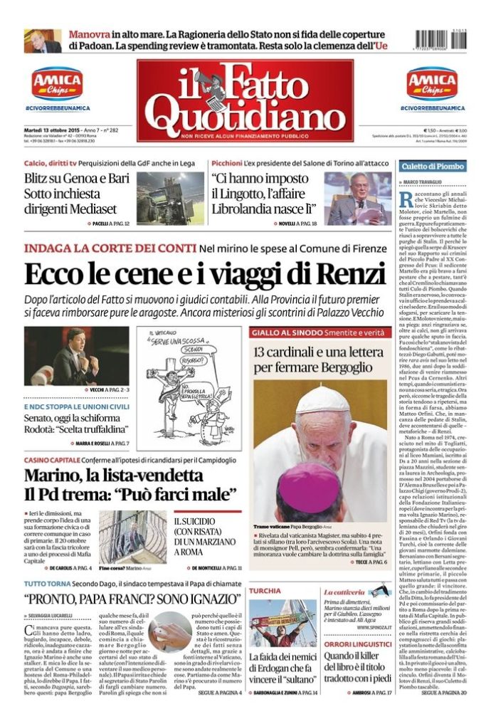 Copertina di martedì 13 ottobre 2015