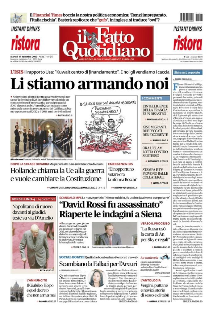 Copertina di martedì 17 novembre 2015