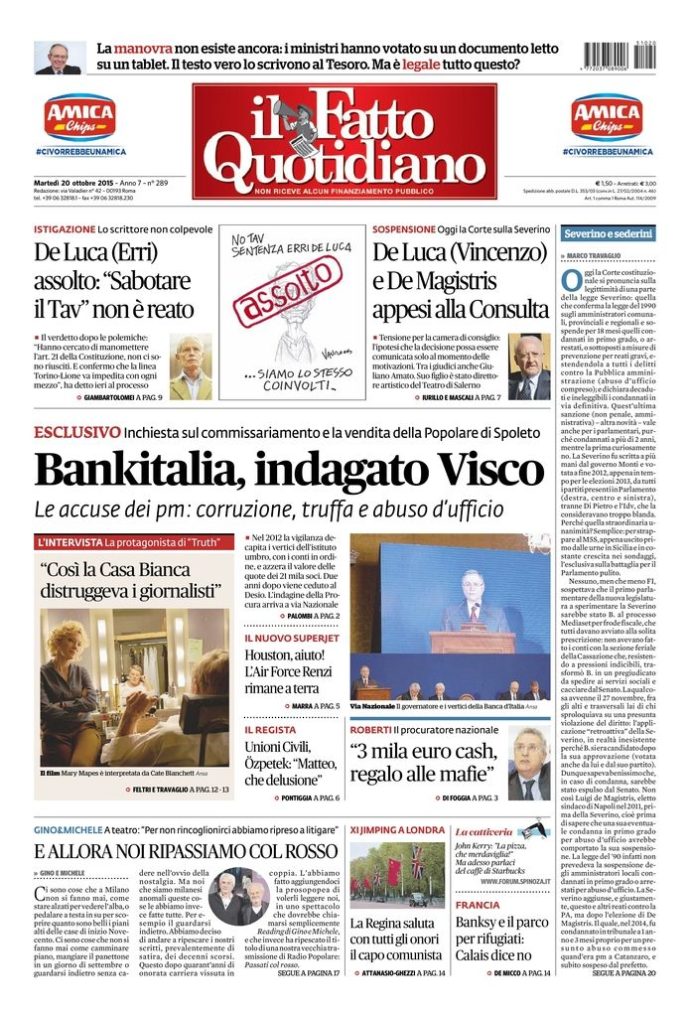 Copertina di martedì 20 ottobre 2015