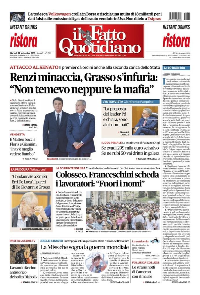 Copertina di martedì 22 settembre 2015