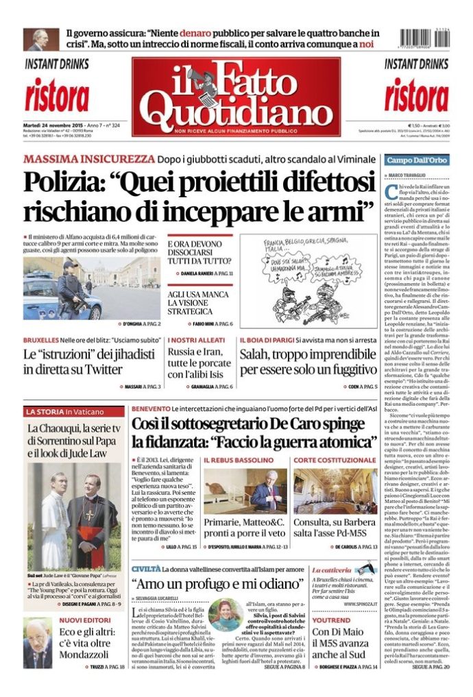 Copertina di martedì 24 novembre 2015