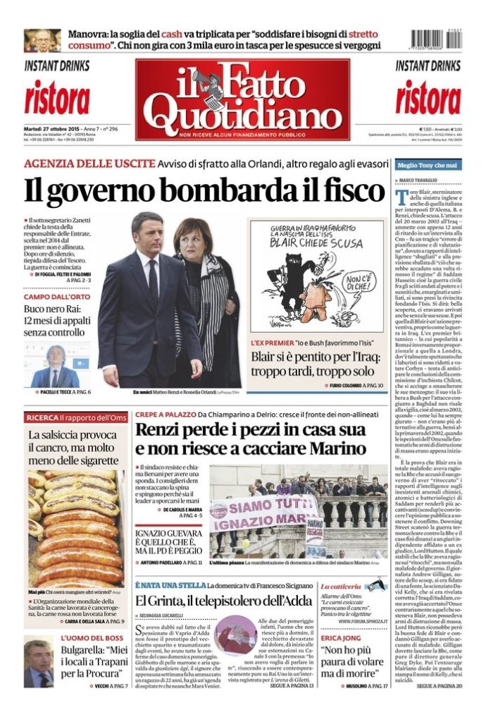 Copertina di martedì 27 ottobre 2015