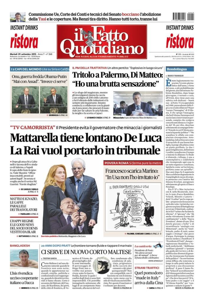 Copertina di martedì 29 settembre 2015