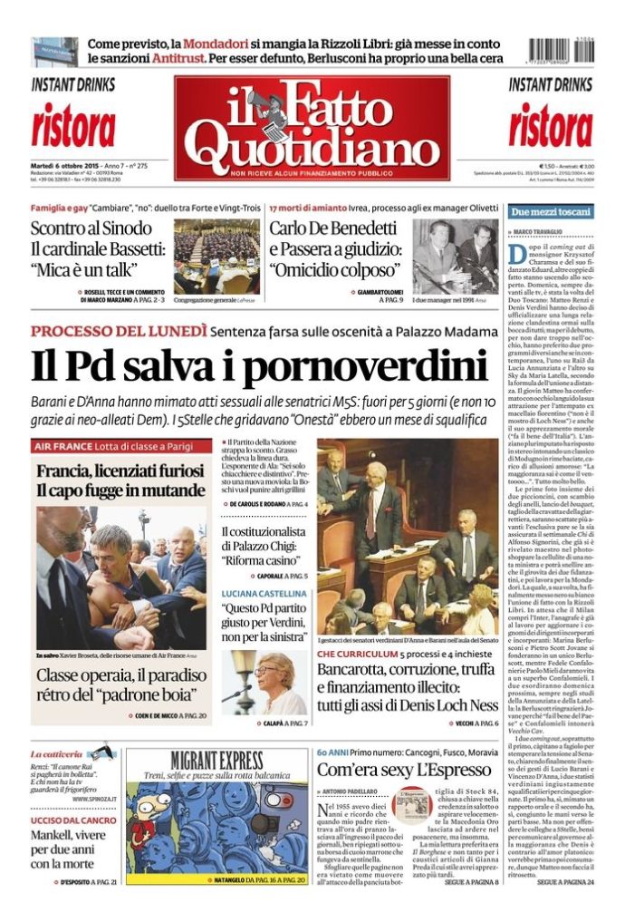 Copertina di martedì 6 ottobre 2015