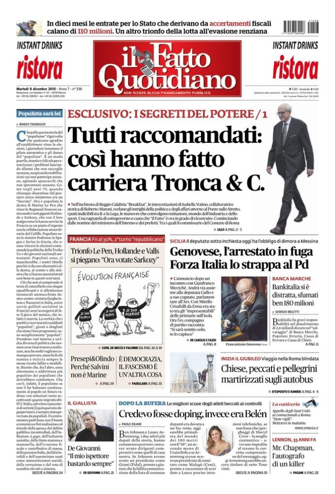 Copertina di martedì 8 dicembre 2015