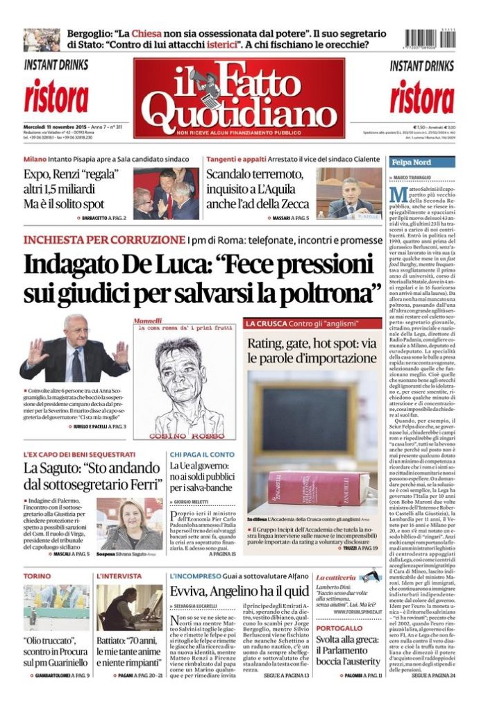 Copertina di mercoledì 11 novembre 2015