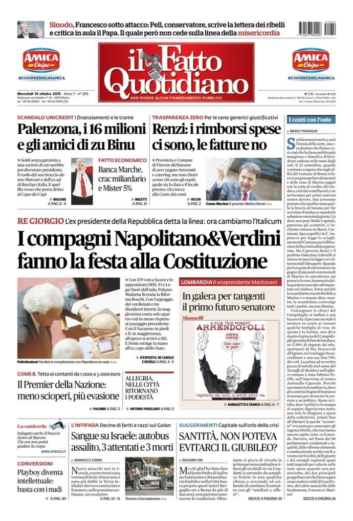 Copertina di mercoledì 14 ottobre 2015