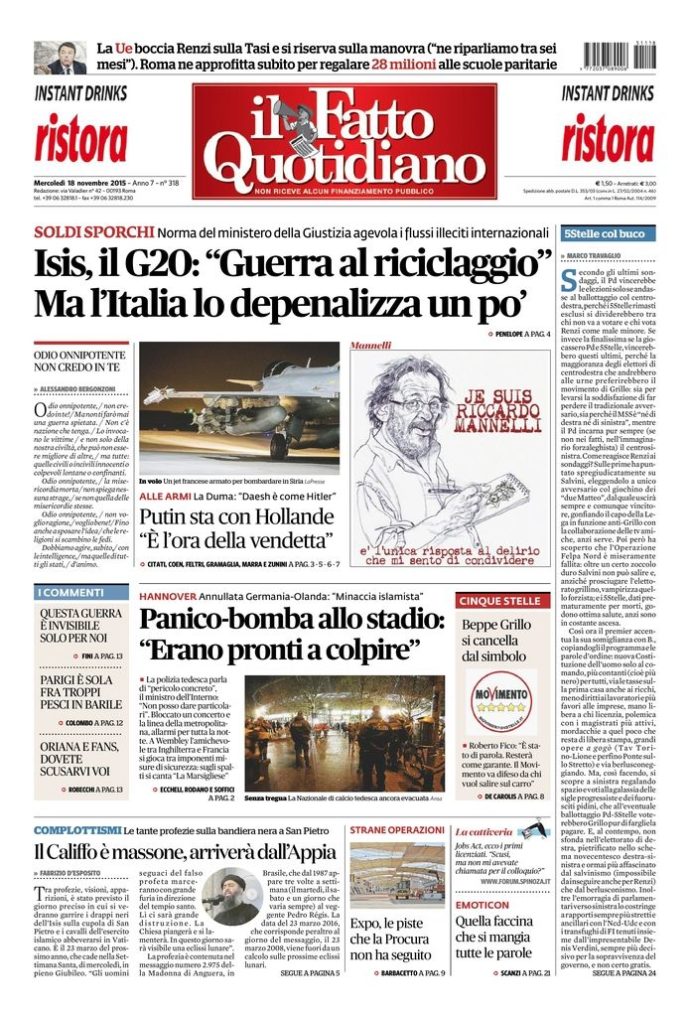 Copertina di mercoledì 18 novembre 2015