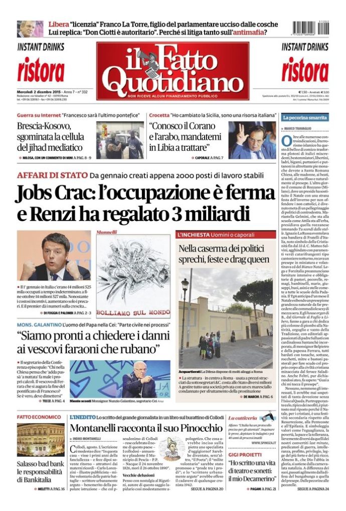 Copertina di mercoledì 2 dicembre 2015